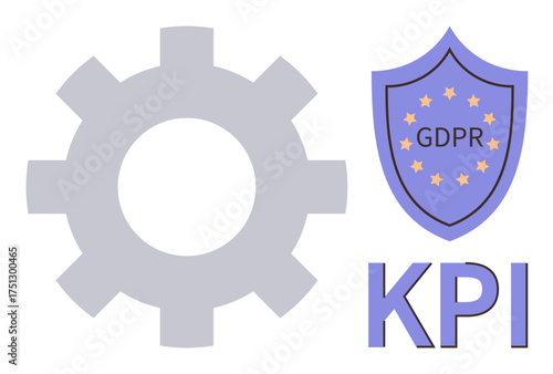 Large gear icon, GDPR shield with stars, and KPI text emphasize data privacy and key performance benchmarks. Ideal for GDPR compliance, analytics, business processes, data security, regulations