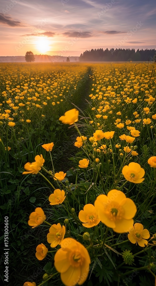 Fototapeta premium Golden Meadow - A Serene Sunset Over a Field of Buttercups.