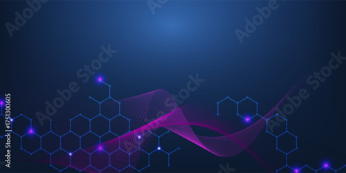 Modern health care or medical background design. Health care innovation concept. Horizontal header web banner. Abstract geometric background with hexagon shapes for medicine, science, chemistry