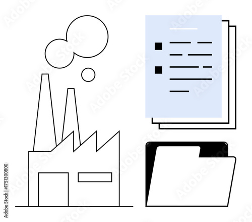 Factory with chimneys next to document stack and folder. Ideal for industry, paperwork, organization, processes, compliance, manufacturing, efficiency. A simple flat metaphor
