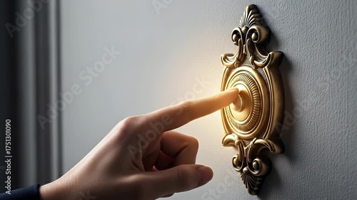 Close-up of a human finger pressing a decorative golden doorbell on a textured gray wall illuminated by warm ambient light creating a welcoming glow. The ornate bell features intricate scrollwork and