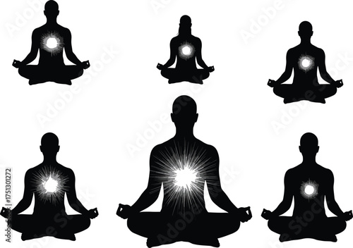 Meditation, mindfulness, spiritual awakening, inner peace, energy healing, enlightenment, yoga posture, chakra light, serenity, wellness, harmony, silhouette, radiant soul, calmness, self-discovery