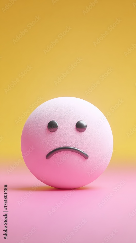 Fototapeta premium Sad face on pink and yellow background, feeling down.