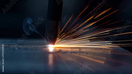 Welding torch creating sparks and heat while cutting metal sheet on dark background close-up industrial work process involving fire and molten metal on metal surface metal fabrication using welding