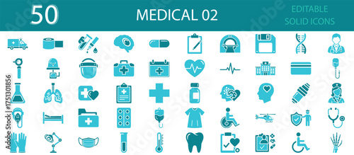 Medical 02 solid fill icons set of 50. Editable glyph vector illustrations for hospital, doctor, nurse, laboratory, health care, treatment, blood test, medical report, and diagnostic service concepts