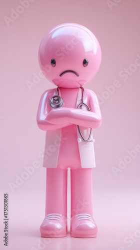 Sad pink doctor figurine with crossed arms and stethoscope.