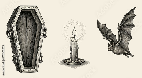 Vintage coffin, candle, and bat illustrations on neutral background  
