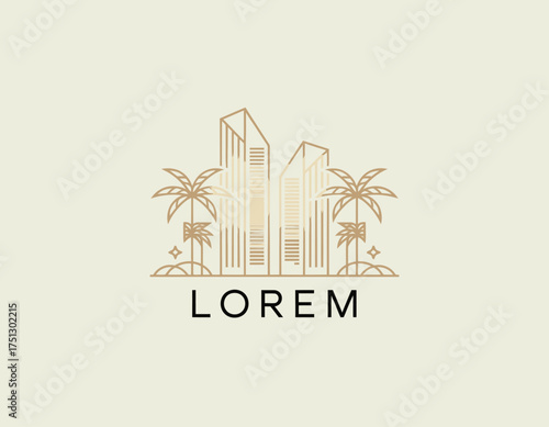 This logo combines modern skyscrapers and palm trees, representing urban luxury and tropical lifestyle. Ideal for real estate, travel, and lifestyle branding.