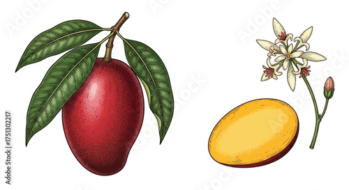 Mango fruit with leaves and flower illustration on white background  