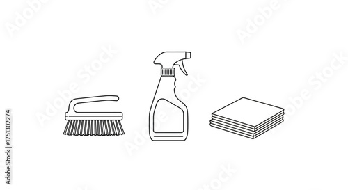 Cleaning supplies including brush, spray bottle, and sponge  