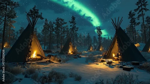 Campfires glow inside teepees under a vibrant aurora borealis sky.