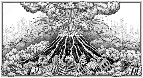 Volcanic eruption destroying cityscape in dramatic black and white  