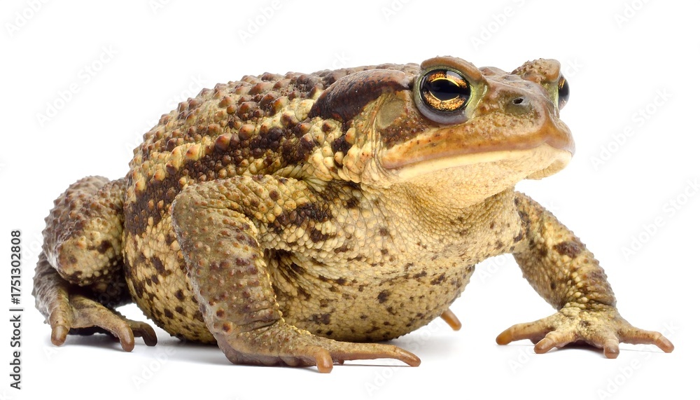 Fototapeta premium A detailed studio shot of a plump toad against a pure white background. The amphibian displays textured skin with varying shades of brown and tan