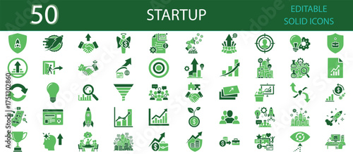 Startup solid fill icons set of 50. Editable glyph vector illustrations for business growth, innovation, idea launch, funding, teamwork, marketing, entrepreneurship, and success strategy concepts