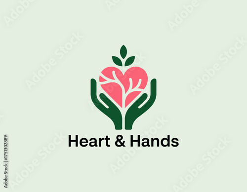 A heartfelt illustration showcasing a heart surrounded by green hands, symbolizing love, care, and support, demonstrating a connection to human emotions and nurturing relationships visually.