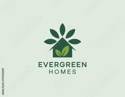 A logo design representing an eco-friendly housing brand, featuring a house and leaves to symbolize sustainability, warmth, and a connection with nature in a modern way.
