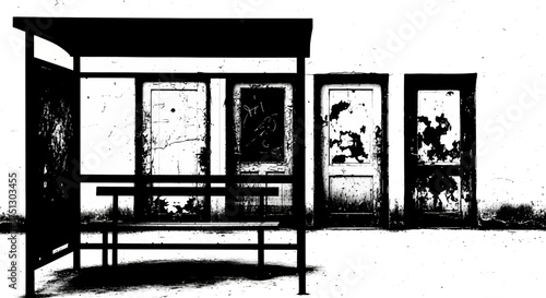 Abandoned bus stop with weathered doors in black and white  