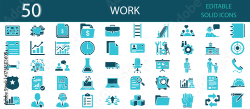 Work solid fill icons set of 50 vector symbols for office, business, teamwork, management, productivity, meeting, corporate, and job-related concepts. Editable solid glyph icons for design use