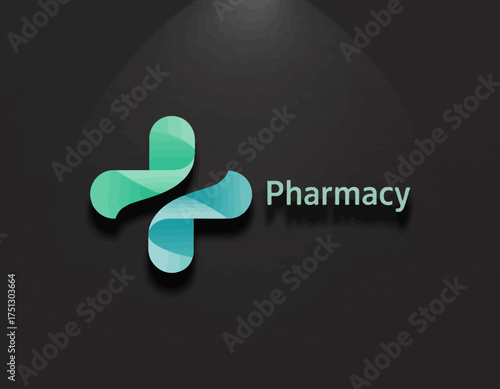 A sleek modern pharmacy logo featuring overlapping abstract shapes, conveying a sense of health and wellness, designed to attract attention and represent pharmaceutical expertise.