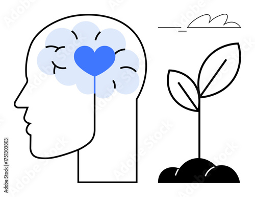 Silhouette head with blue heart in the brain area near sprouting plant in soil. Ideal for mental health, growth, mindfulness, self-care, development, education, nurturing. Simple flat metaphor