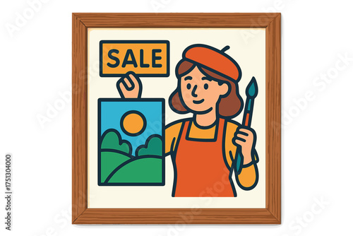 Female artist holding painting and SALE sign in colorful frame mockup frame