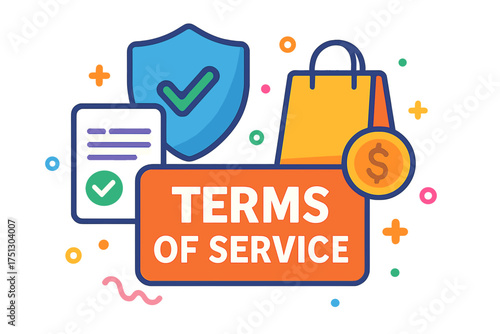 Terms of Service graphic with shopping bag, money, and documents 