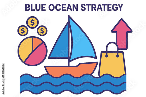 Business concept illustration of blue ocean strategy with sailboat blue ocean strategy