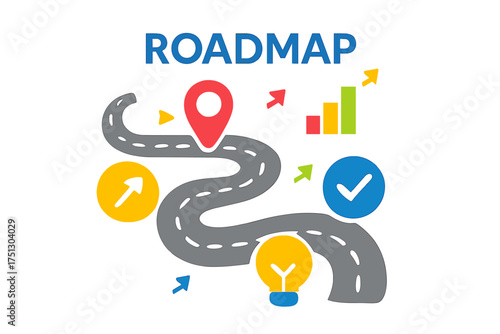 Roadmap graphic design with directional arrows and icons  