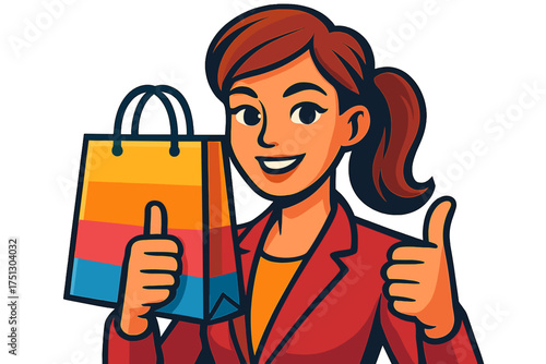 Smiling woman in red blazer holding shopping bag and giving thumbs up execute flawlessly
