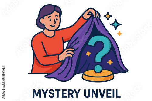 Woman unveiling a mystery with a purple cloth and question mark mystery unveil