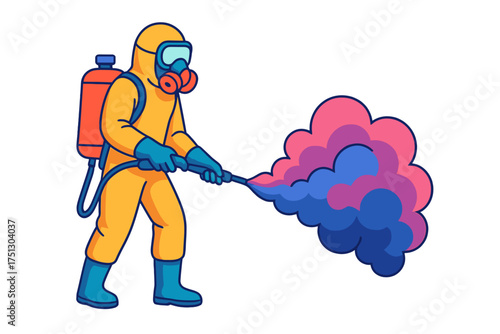 Hazardous material worker spraying colorful smoke during cleanup fumigation