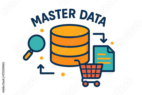Illustration of master data concept with shopping cart and database master data