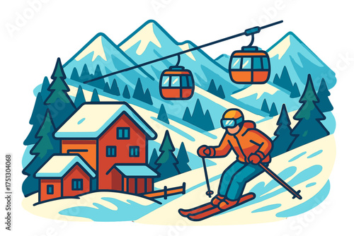 Skier descending slope in winter mountains with cabin lift in background ski resort