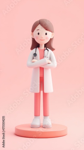 Smiling Doctor Cartoon Character Standing on a Pink Pedestal.