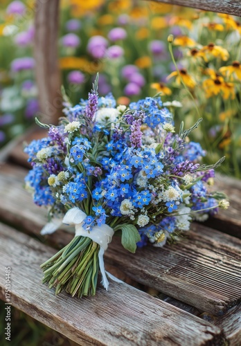 Beautiful Bouquet of Blue Wildflowers Resting on Rustic Wooden Surface in a V...