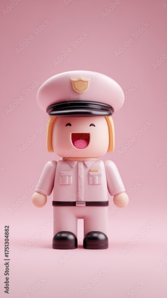Fototapeta premium Smiling Pink Police Officer Toy Figure with Uniform and Hat.