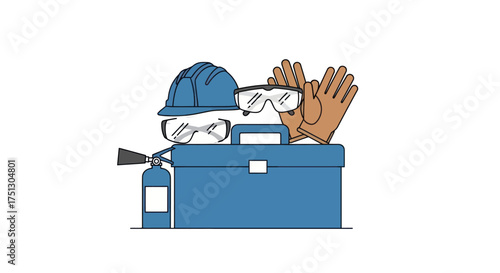 Blue toolbox with safety equipment including hard hat goggles gloves and fire extinguisher.