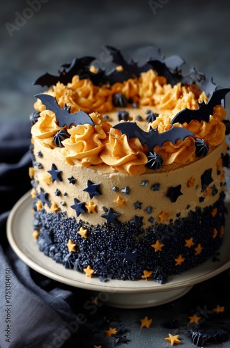 Halloween Themed Cake With Orange Frosting and Bat Decorations for Festive Ce...