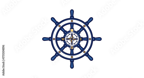 Nautical Ships Wheel with Compass Rose Emblem.