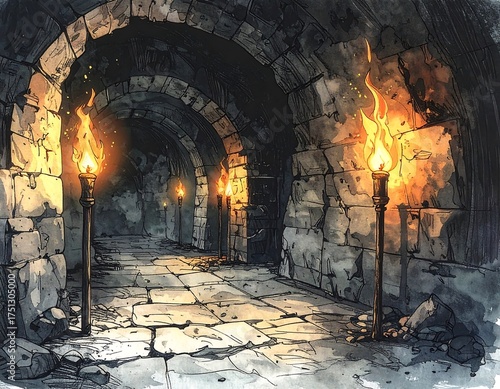 A dimly lit stone corridor, illuminated by flickering torches affixed to the walls. The arched ceiling and stone walls evoke a sense of mystery