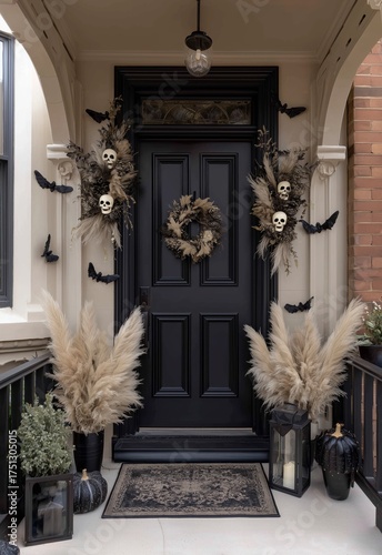 Halloween Decorations Adorn a Black Door at a Charming Residence in Autumn