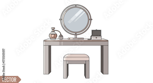 Stylish dressing table with round mirror stool and accessories.