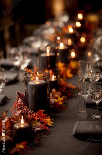 Elegant Candlelit Autumn Dinner Setup With Seasonal Decorations