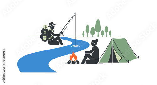 Two people enjoying outdoor activities by a river with a tent and campfire.