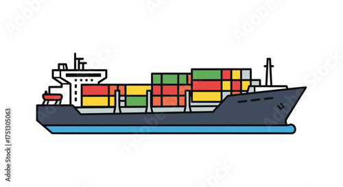 A colorful cargo ship loaded with shipping containers sailing on the sea.