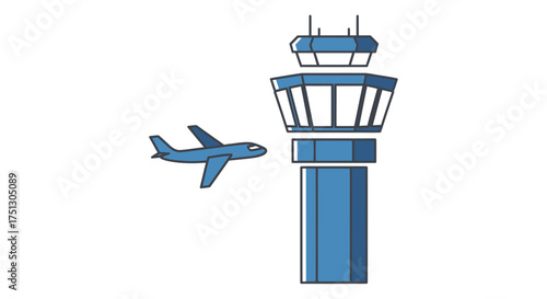 Blue Airplane Flying Near Airport Control Tower Illustration.
