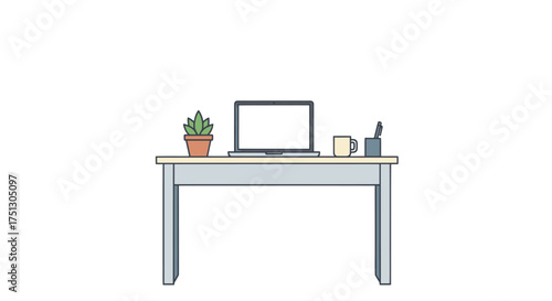 Minimalist desk setup with laptop plant and office supplies.