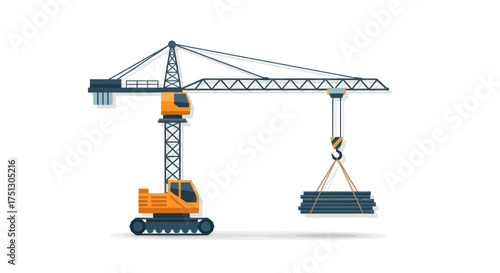 Yellow construction tower crane lifting heavy steel beams.