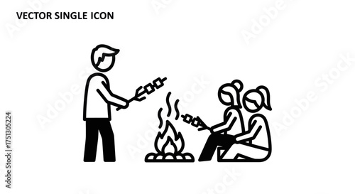 People Roasting Marshmallows Around Campfire Outdoor Activity Icon.