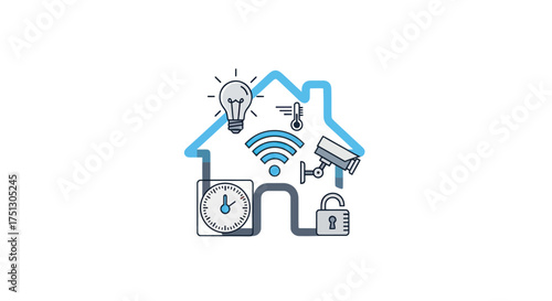 Smart Home Technology Icon with Connected Devices and Features.